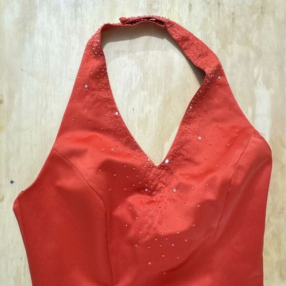 Women's Vintage Long Formal Dress Orange Size 2 Halter Neck Sleeveless Beaded - Picture 11 of 16